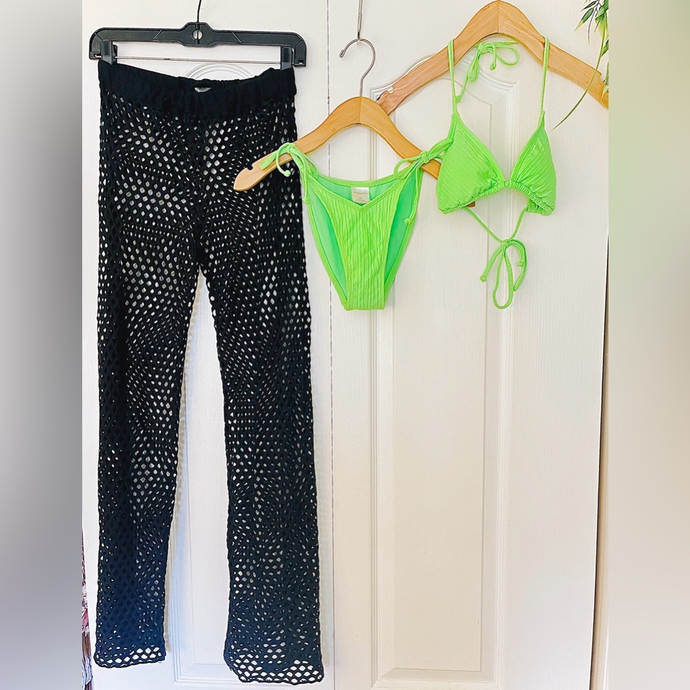 Neon Green Two Piece Bikini + Black Mesh Net Wide Leg Coverup Pants Swimwear SET